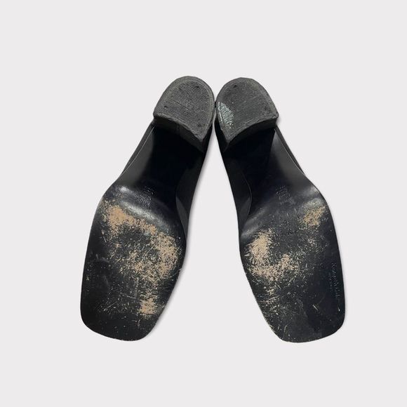 KENNETH COLE Black Silk Square Toe 4” Drum Heels Pumps Leather Insoles Sz 7 1/2 - Picture 5 of 6